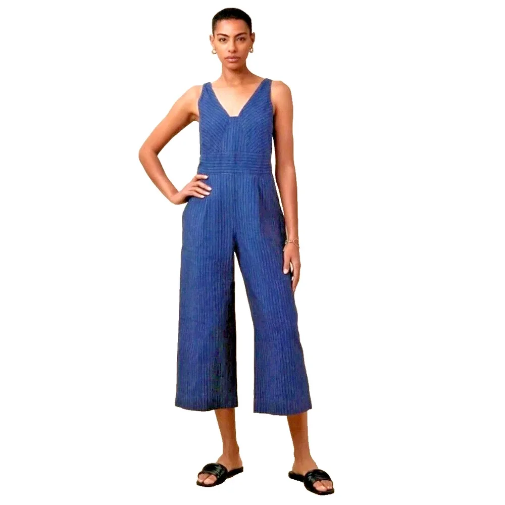 Banana Republic Womens 2 Jumpsuit Wide-Leg Crop Linen Pockets Indigo‎ Striped